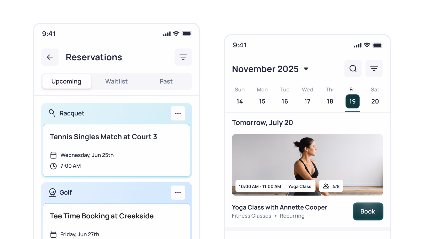 Mobile app showing upcoming reservations for tennis, golf, and yoga classes with booking details and calendar view for November 2025