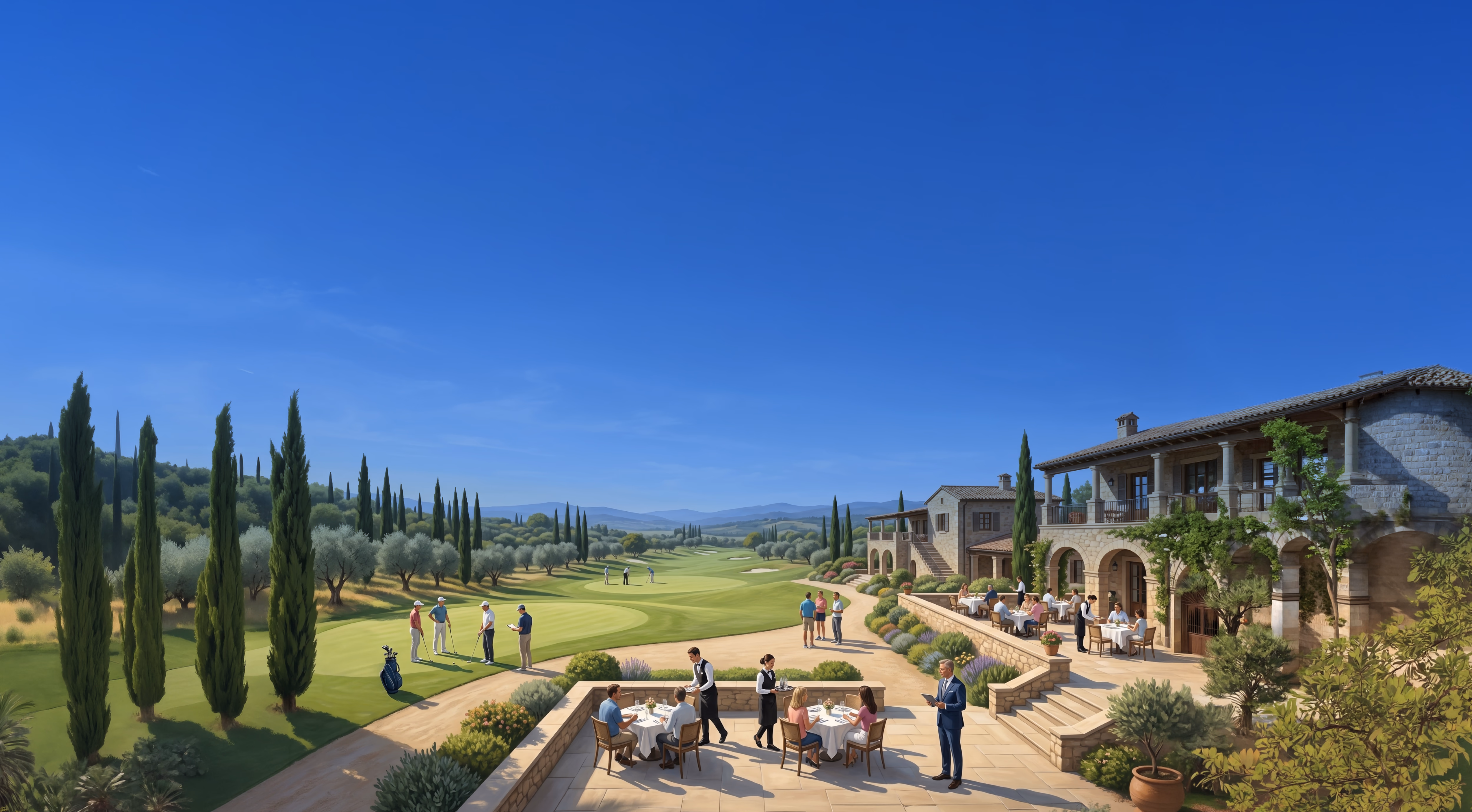 Tuscan villa with cypress trees, manicured grounds, and people gathered on a terrace overlooking rolling countryside