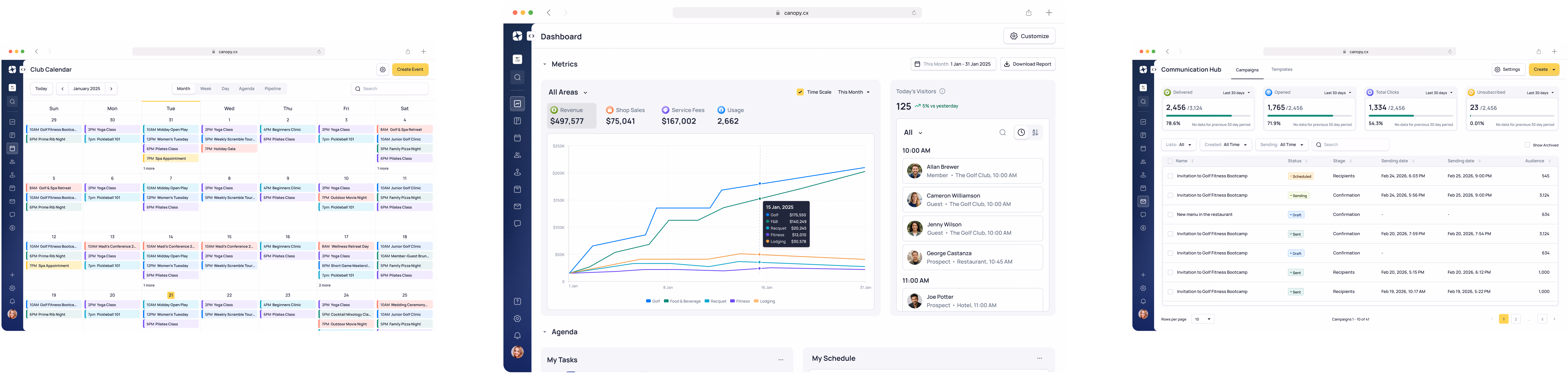 Four dashboard screenshots showing analytics, charts, and data tables with navigation menus and metrics visualization