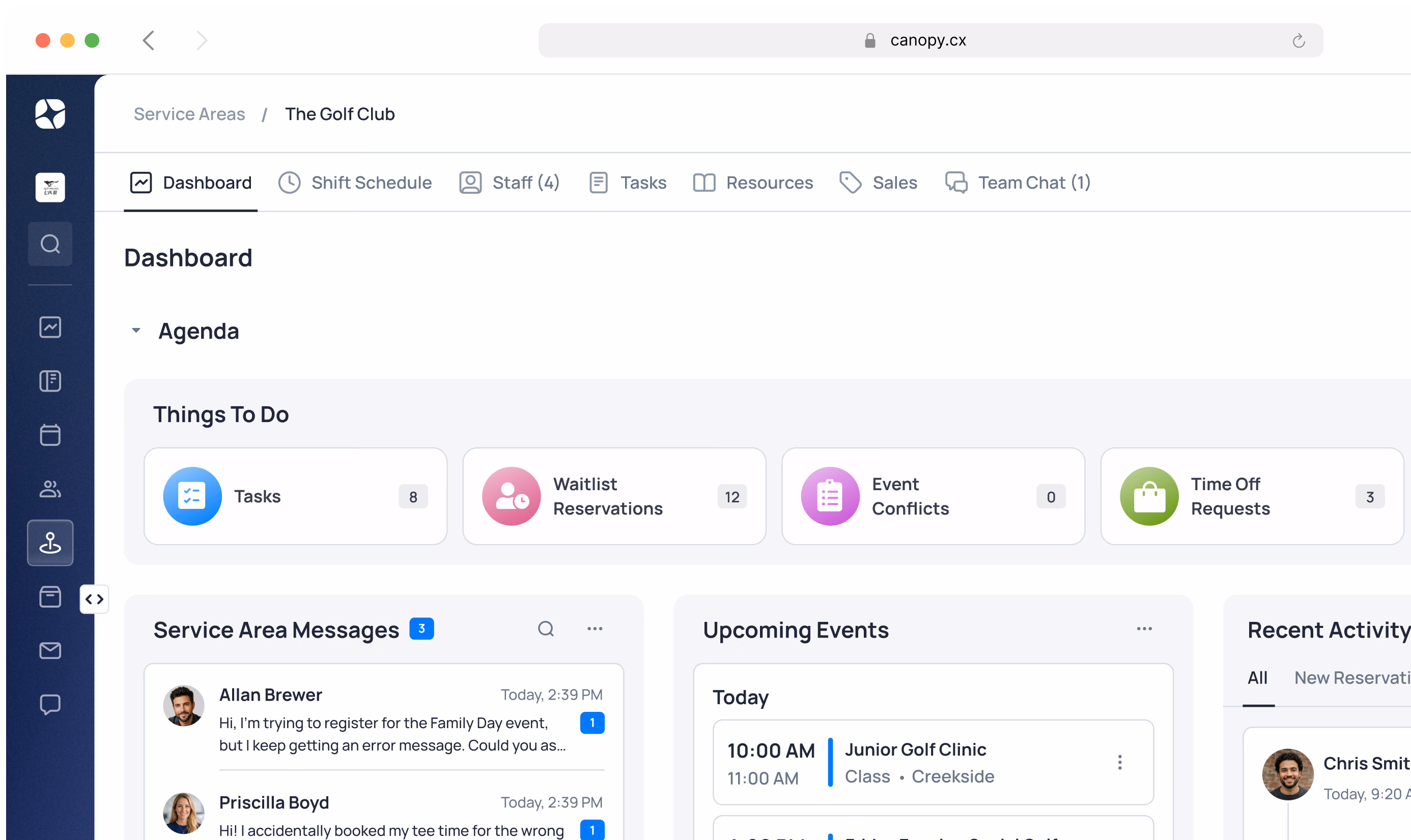 Dashboard for The Golf Club service area showing tasks, events, messages, and upcoming clinic schedule