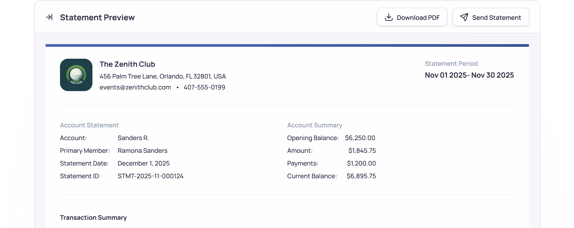Bank statement preview for The Zenith Club showing account details and transaction summary from November 2025