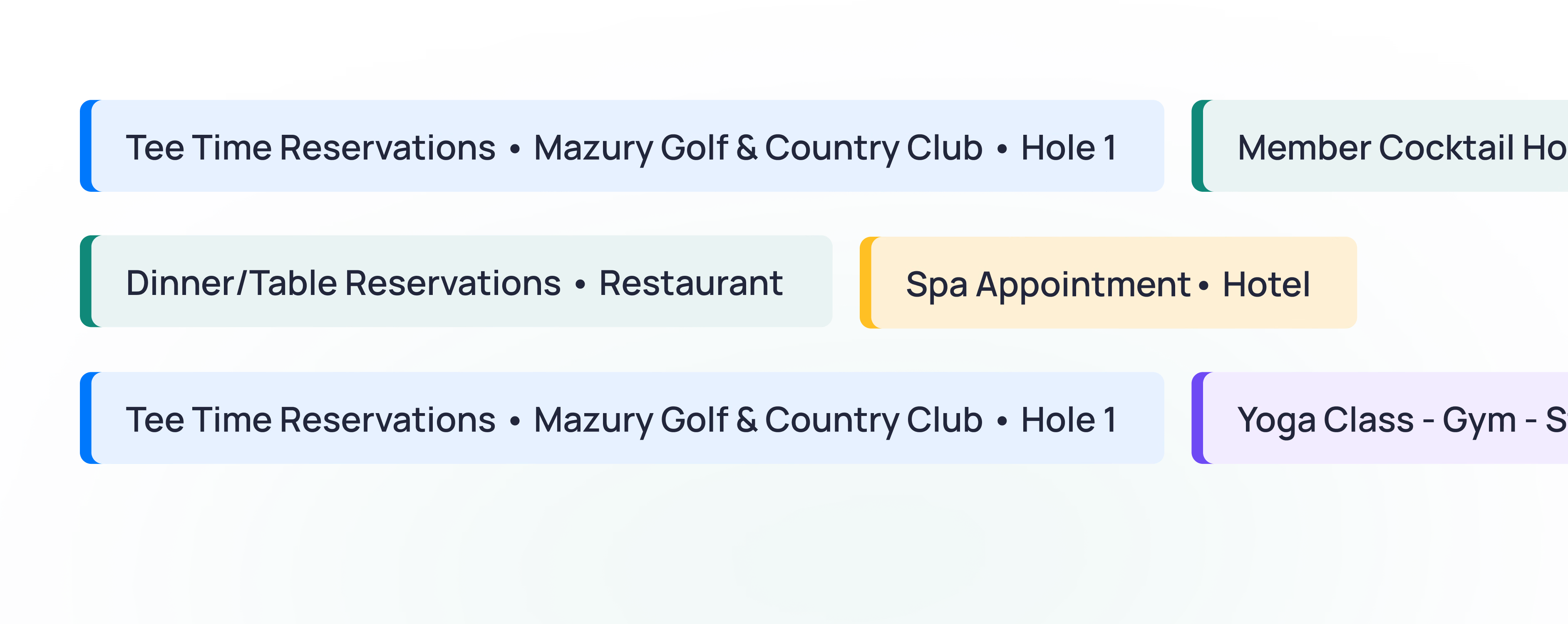 Four colored category tags for reservations: tee time, member cocktail, dinner/table, spa appointment, and yoga class