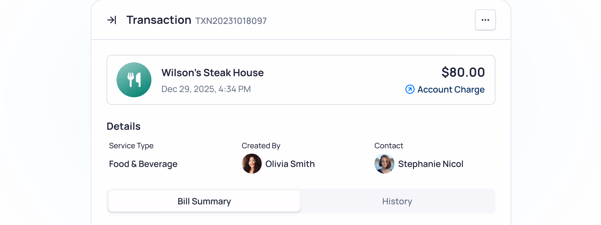 Transaction receipt for $80.00 charge at Wilson's Steak House on Dec 29, 2025