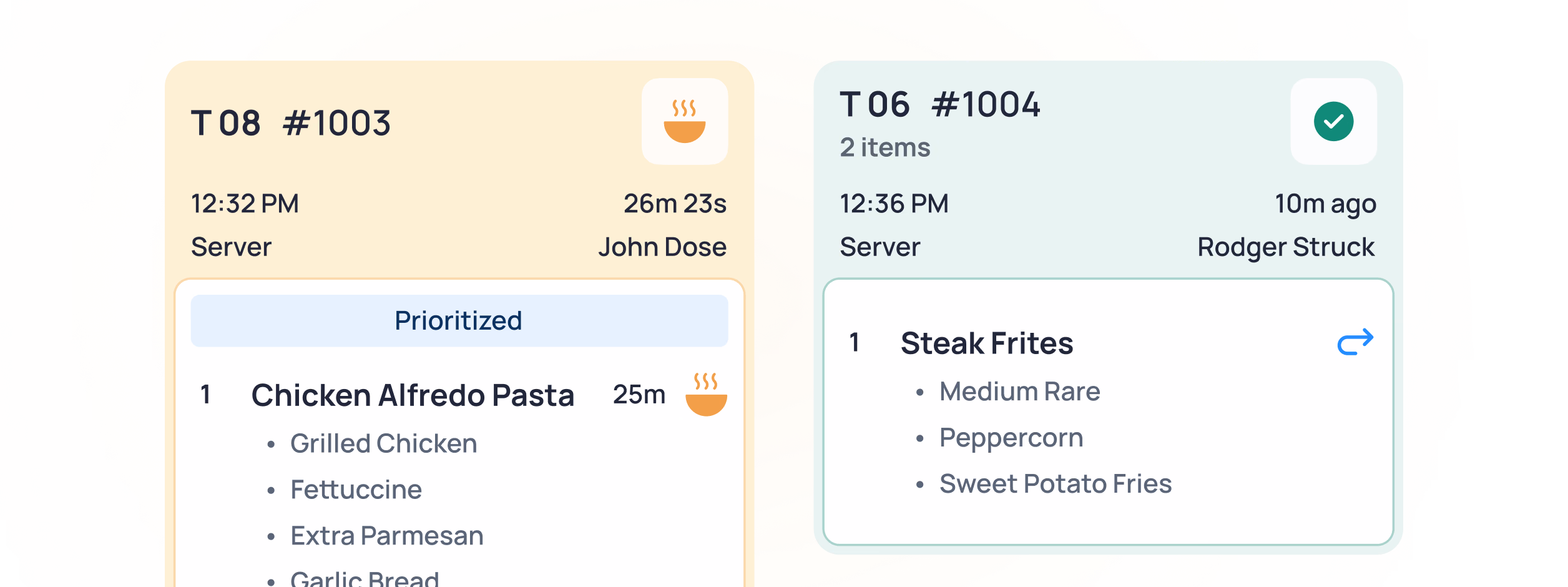 Two restaurant order tickets showing T08 #1003 with Chicken Alfredo Pasta and T06 #1004 with Steak Frites