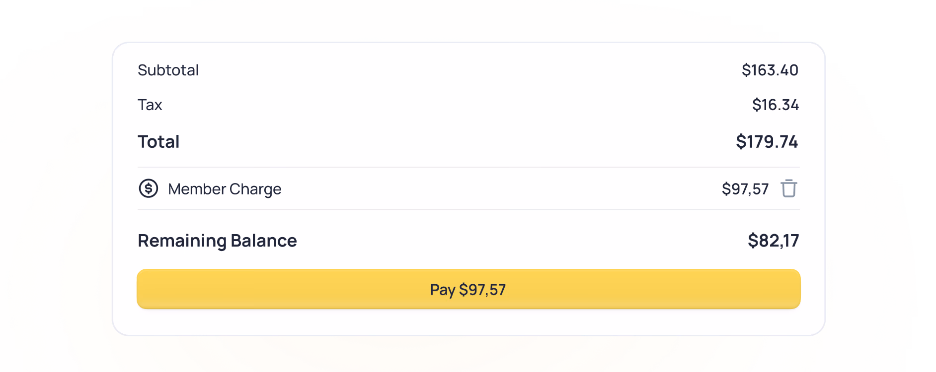 Order receipt showing $163.40 subtotal, $16.34 tax, $179.74 total, $97.57 member charge, $82.17 remaining balance with yellow payment button