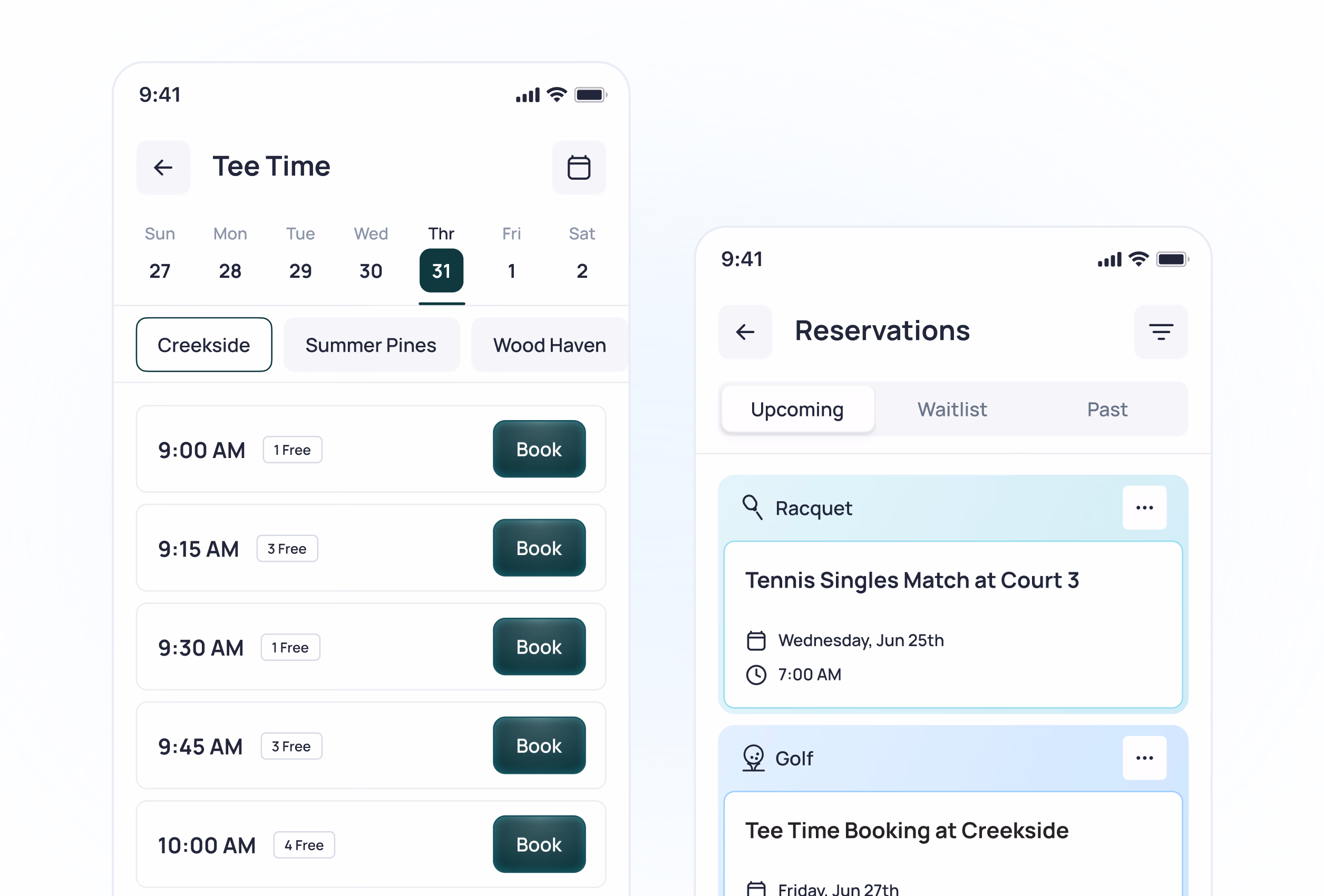 Golf and tennis booking app showing available tee times at Creekside course and upcoming reservations