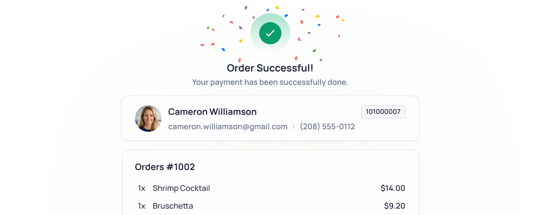 Order success confirmation for Cameron Williamson showing Shrimp Cocktail and Bruschetta totaling $74.20