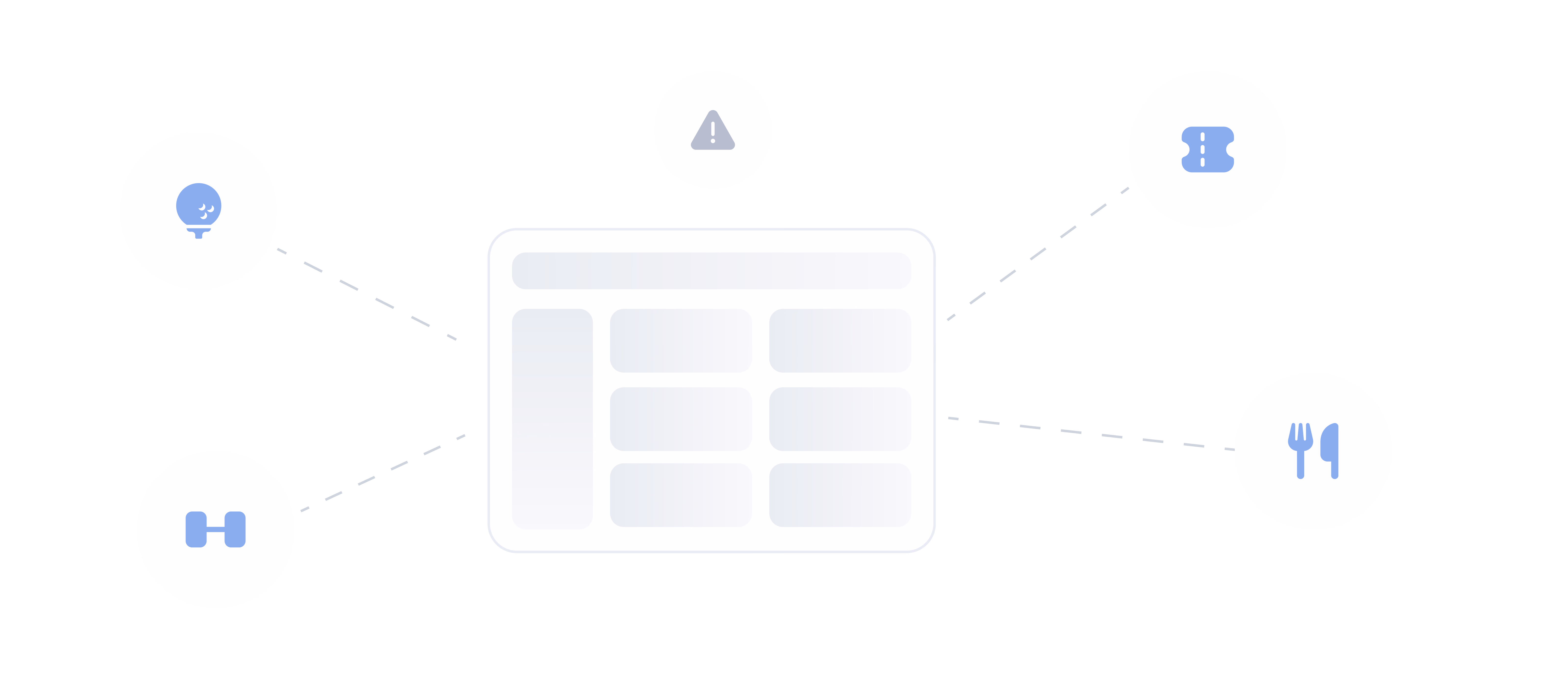 Centered layout diagram with grid icon surrounded by four blue interface elements connected by dotted lines