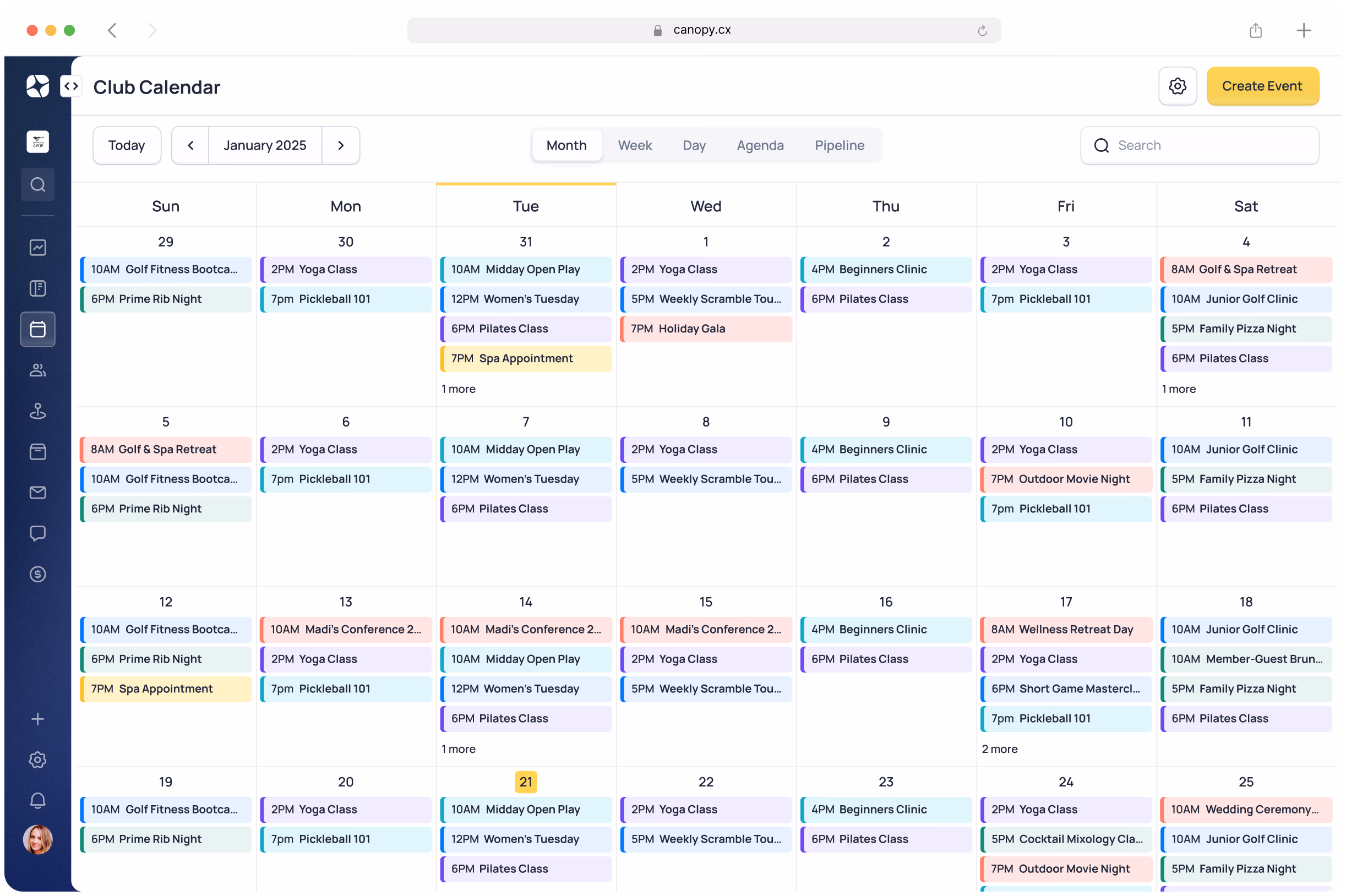 Club Calendar displaying January 2025 with multiple color-coded events scheduled throughout the month