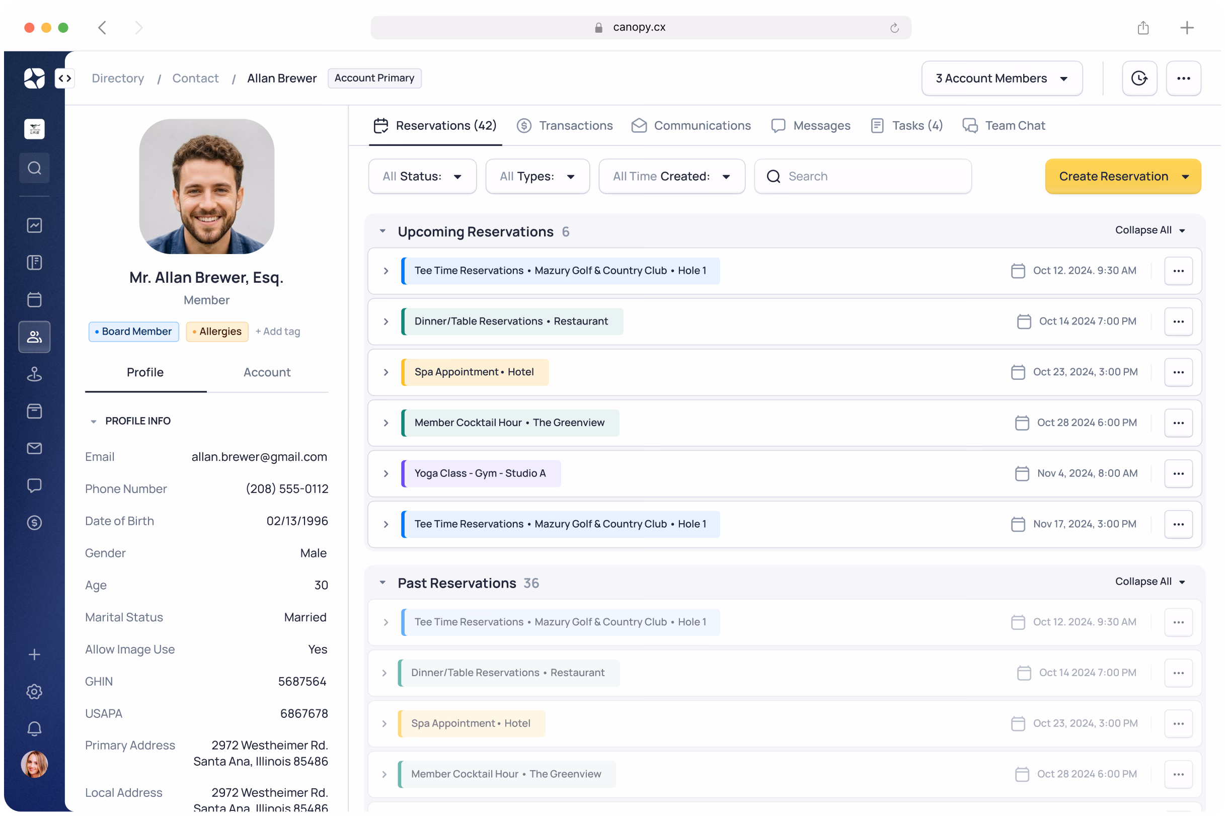 Contact management interface showing Mr. Allan Brewer's profile with upcoming and past reservations listed by date and status