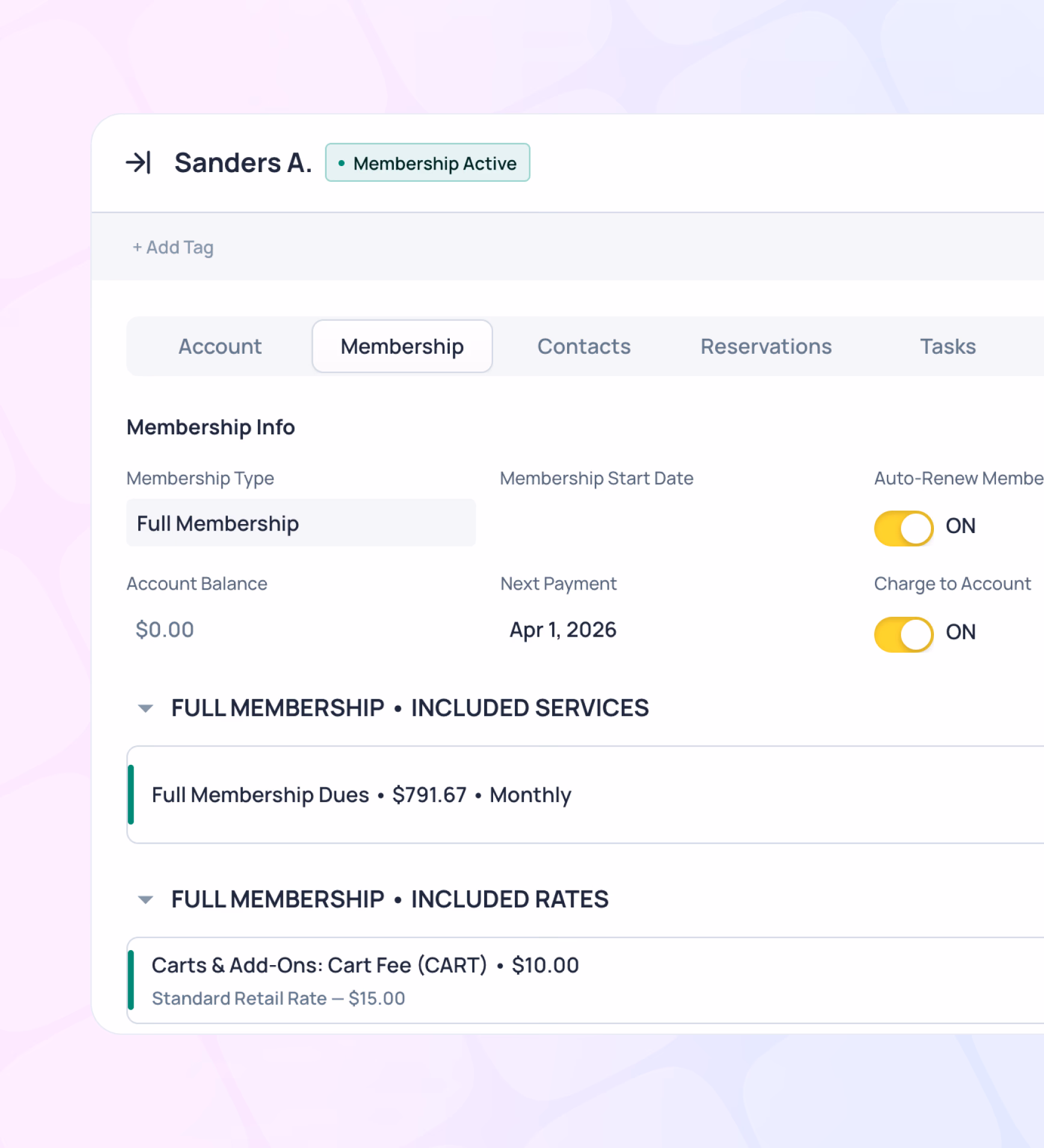 Membership details for Sanders A showing Full Membership at $791.67 monthly with auto-renewal enabled and next payment April 1, 2026