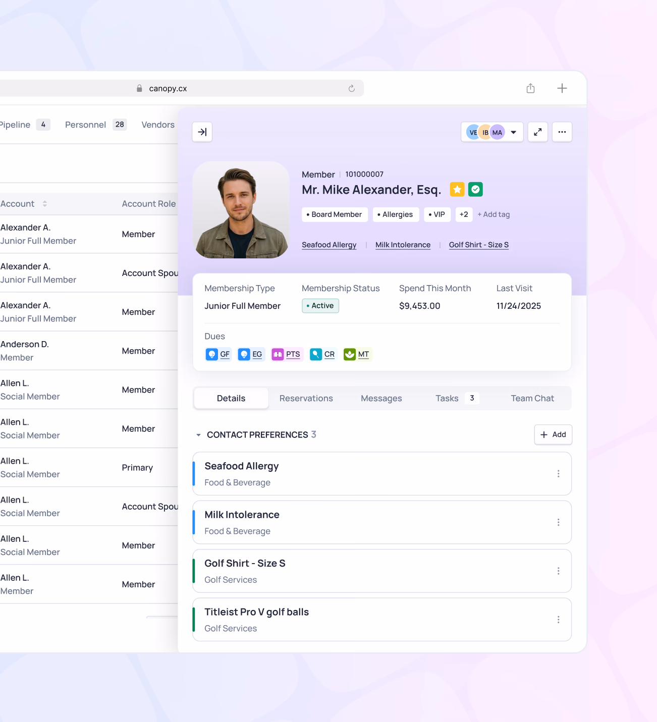 Member profile for Mr. Milano showing contact preferences including seafood allergy, milk insurance, and golf shirt size S