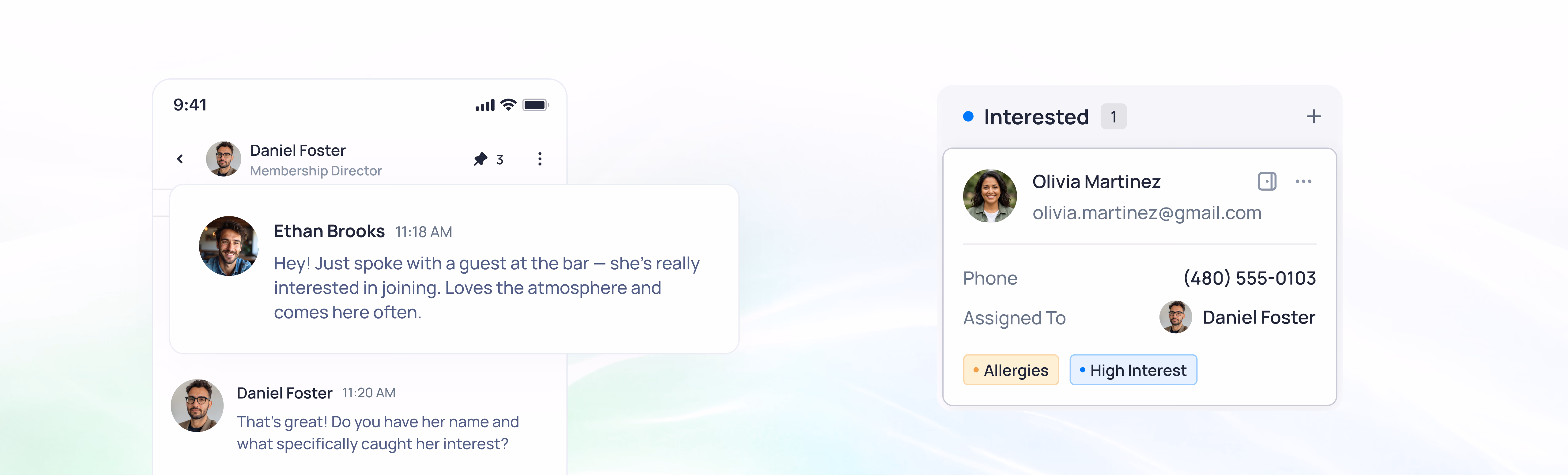 Mobile chat interface showing messages between David Foster and Ethan Brooks about a bar encounter, with contact card for Olivia Martinez displaying phone number and connection to Daniel Foster