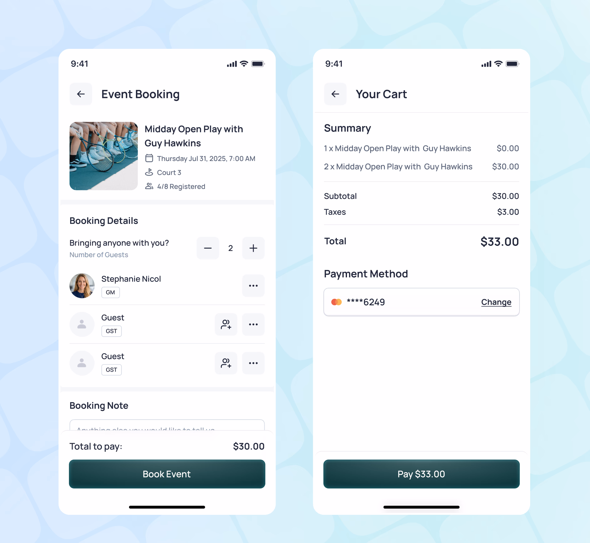 Two mobile screens showing event booking and cart checkout for a Midday Open Play with Guy Hawkins event