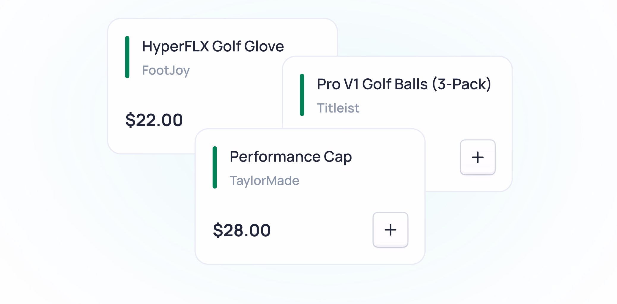 Golf product listings showing HyperFLX Golf Glove for $22.00, Performance Cap for $28.00, and Pro V1 Golf Balls 3-Pack with add to cart buttons