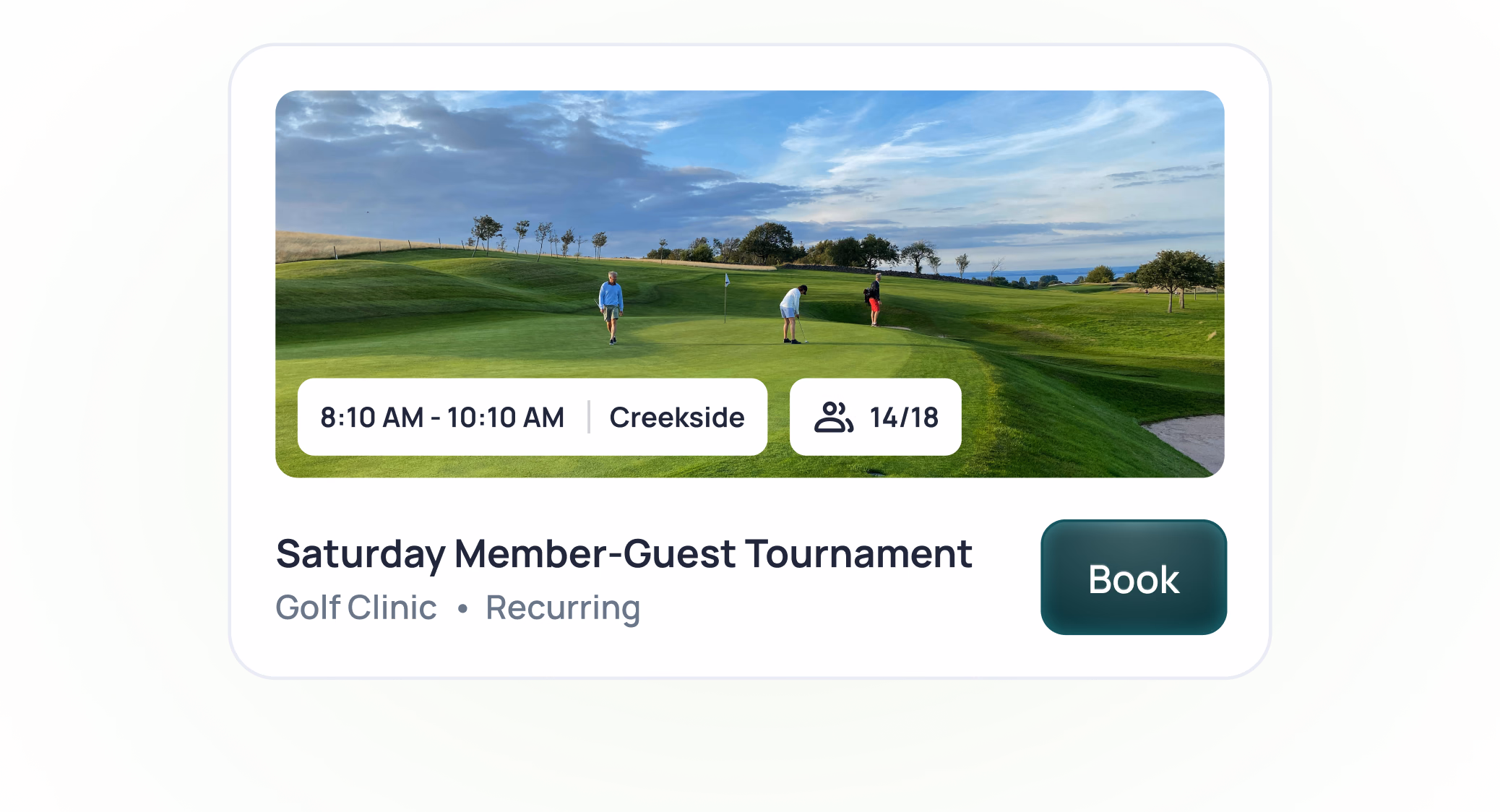 Golf course with players, Saturday Member-Guest Tournament, 8:10-10:10 AM at Creekside, 16/18 spots available