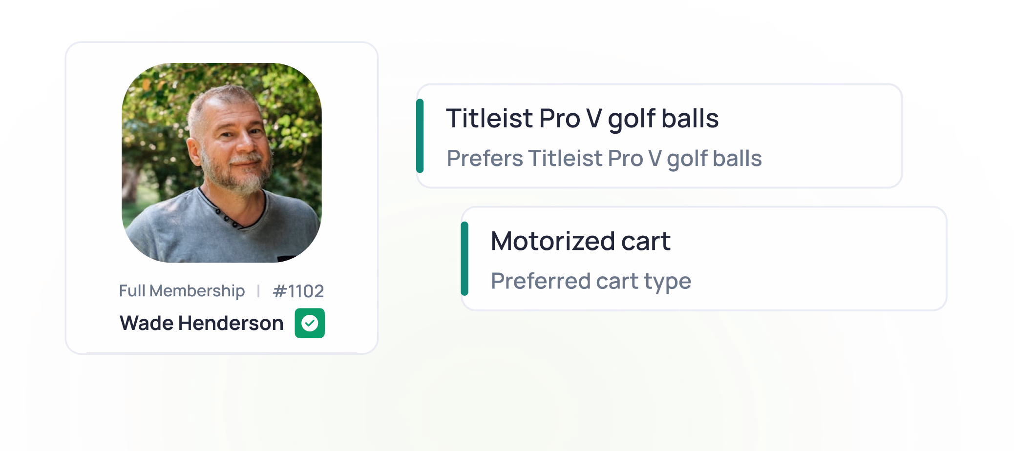 Wade Henderson's profile showing Full Membership #1102, preferences for Titleist Pro V golf balls and motorized cart