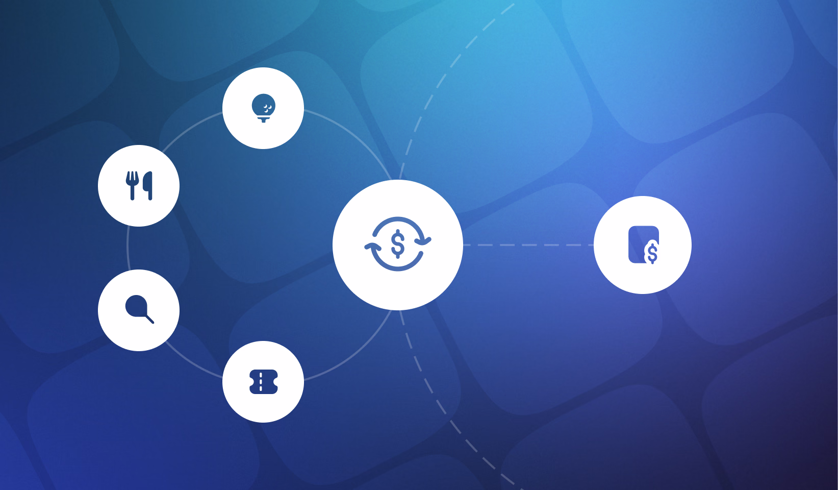 Network diagram with central dollar-eye icon connected to surrounding icons representing billing and payment features