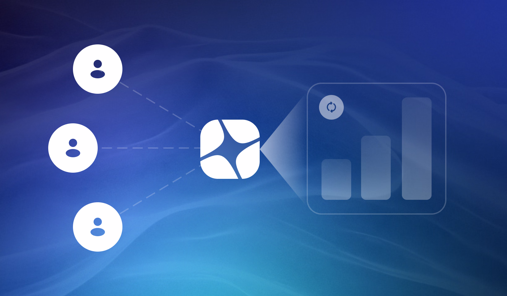 Three user icons connected to a central hub linking to a bar chart analytics display on blue background
