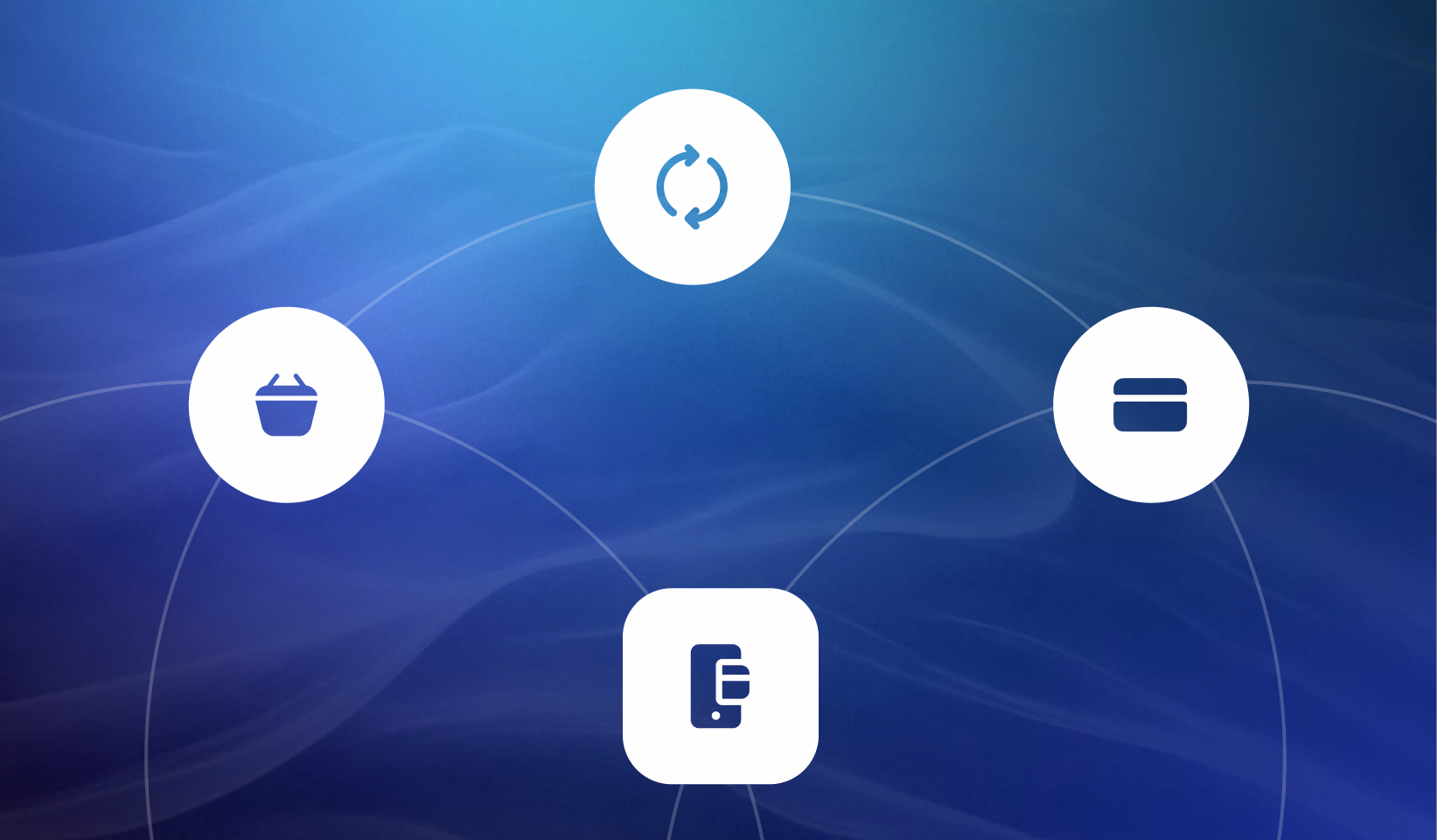 Four white icons connected by lines on a blue gradient background: shopping basket, settings, minus sign, and credit card symbol