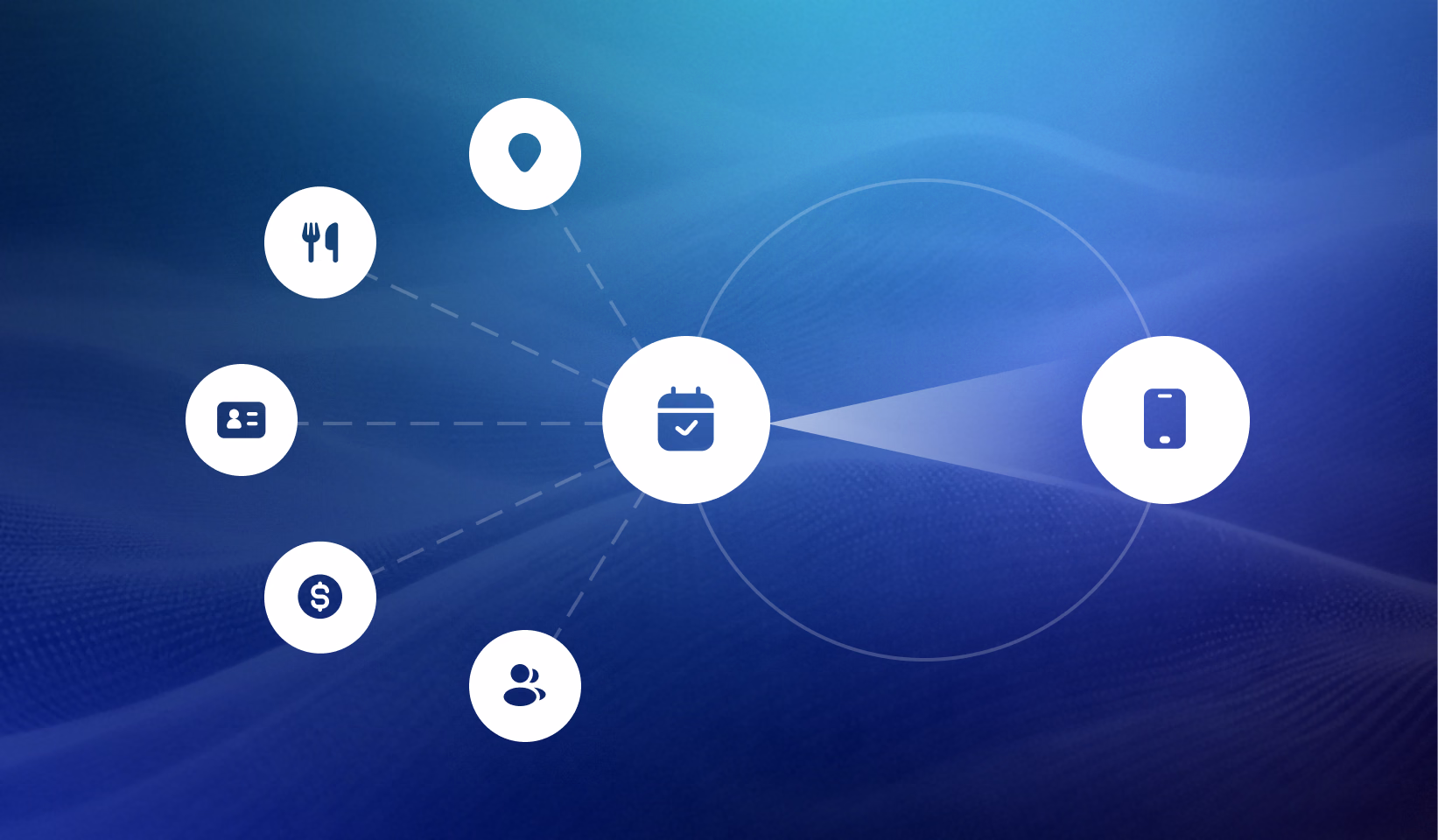 Central checkmark icon connected to surrounding icons representing location, video, clock, people, phone, and settings on blue digital background