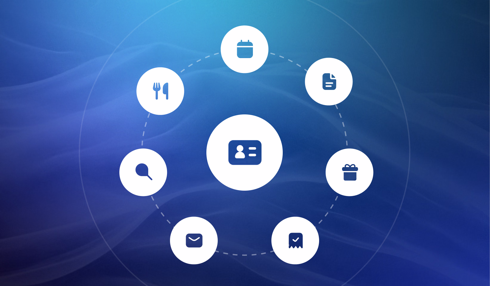 Blue background with user profile icon in center surrounded by eight connected icons representing calendar, settings, search, email, bookmark, briefcase, and clipboard functions