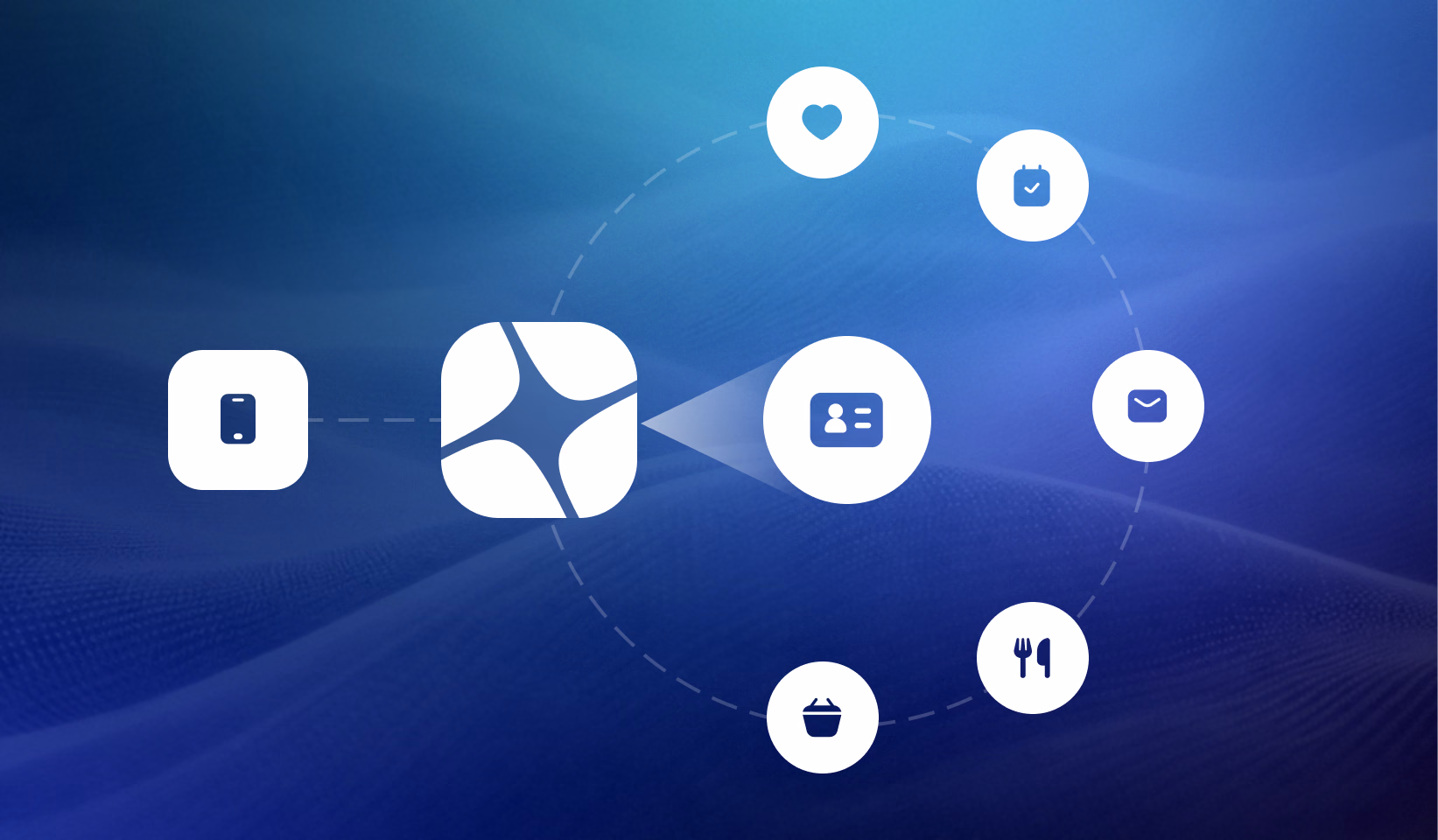 Network diagram showing a central app hub connected to various service icons including heart, shopping bag, calendar, email, and utensils on a blue gradient background