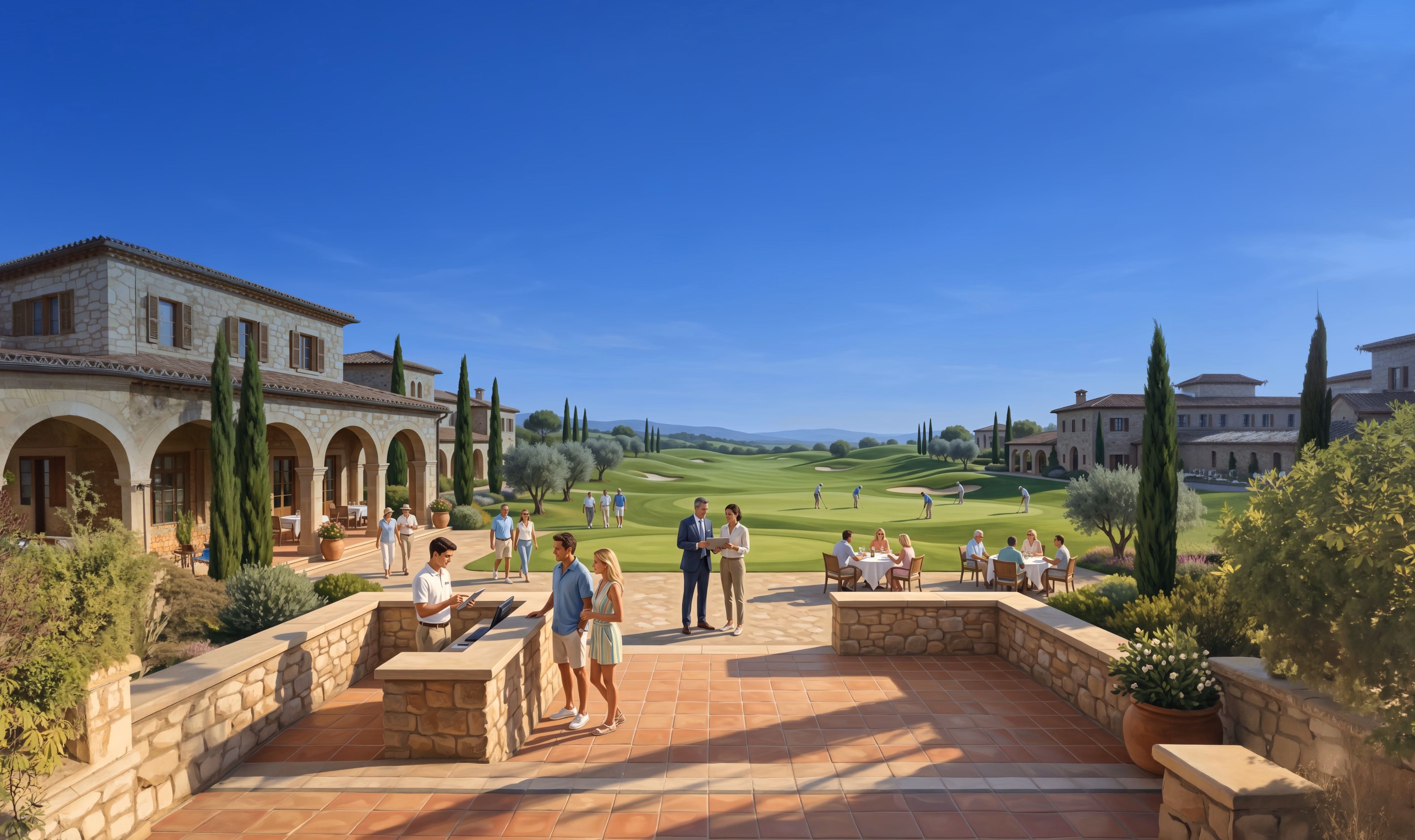 Tuscan villa courtyard with terracotta patio, cypress trees, and vineyard views overlooking rolling countryside