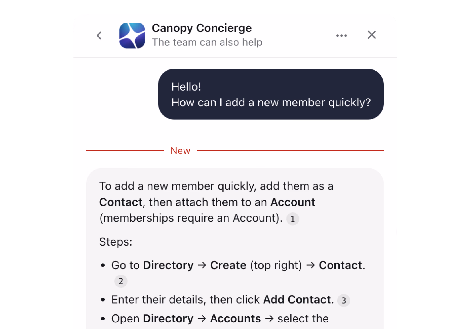 Canopy Concierge help dialog showing steps to add a new member quickly to contacts and accounts