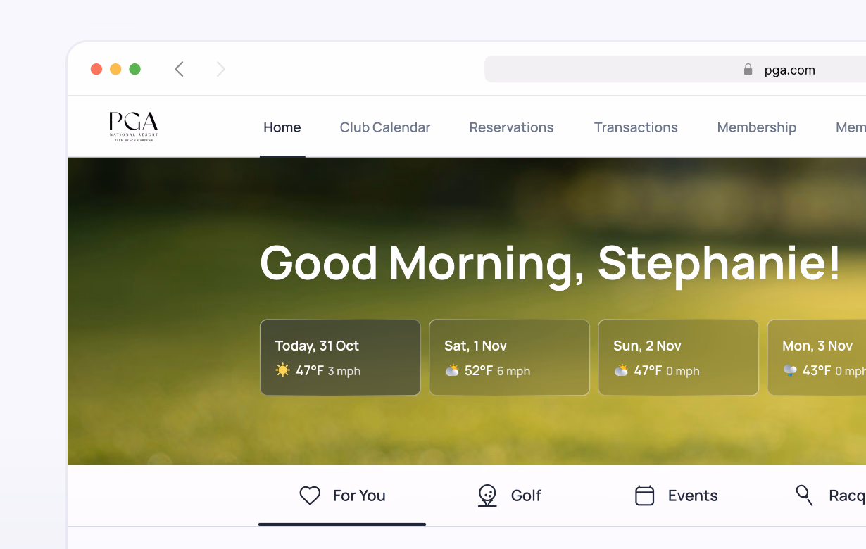 PGA website homepage greeting Stephanie with upcoming golf events and reservation options