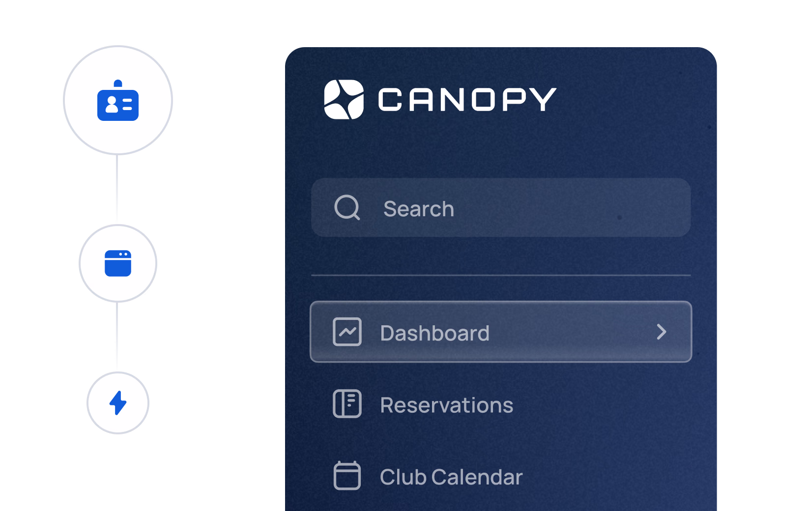 Canopy app menu showing search bar, Dashboard, Reservations, and Club Calendar options with left sidebar icons