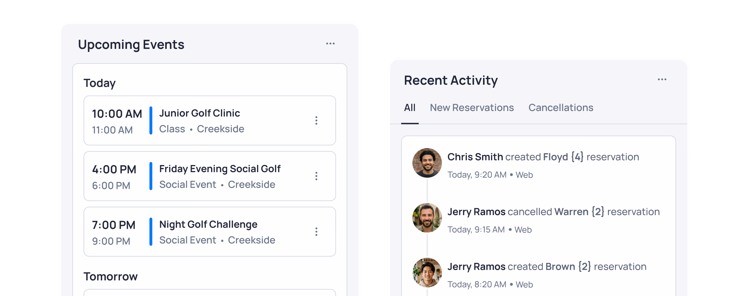 Calendar and activity dashboard showing upcoming golf events and recent user activity notifications