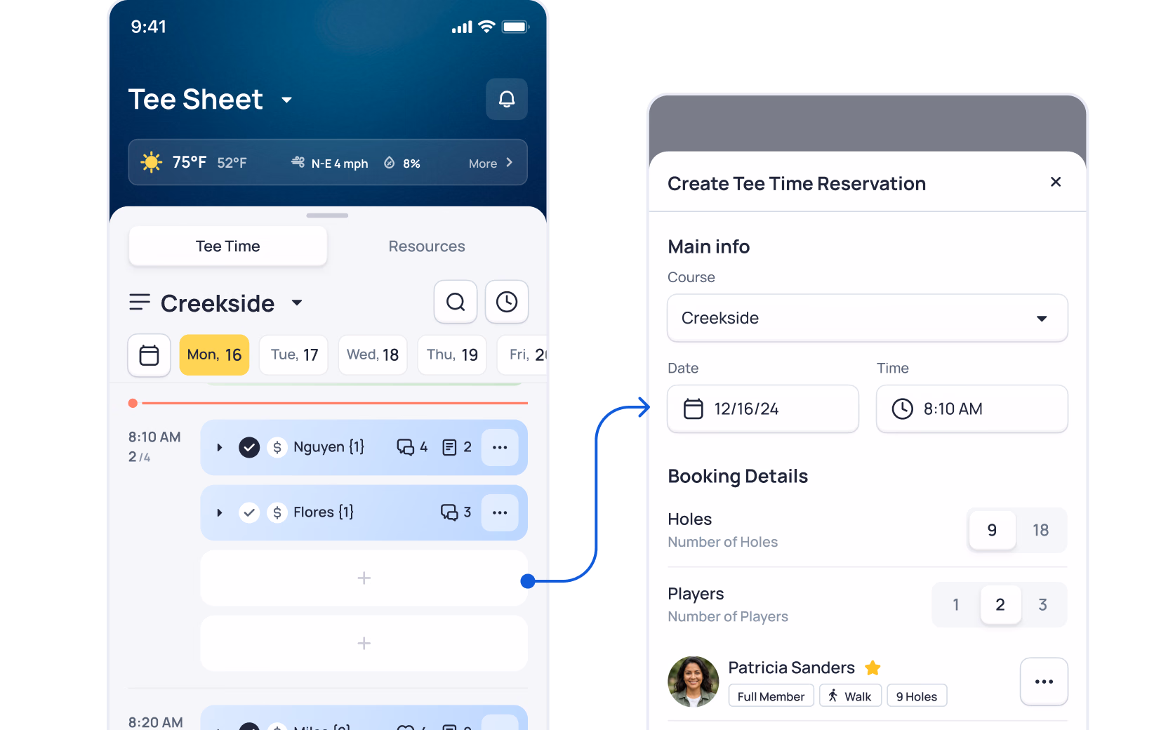 Golf tee time booking app showing Creekside course schedule on left and "Create Tee Time Reservation" form on right with date, time, and player details