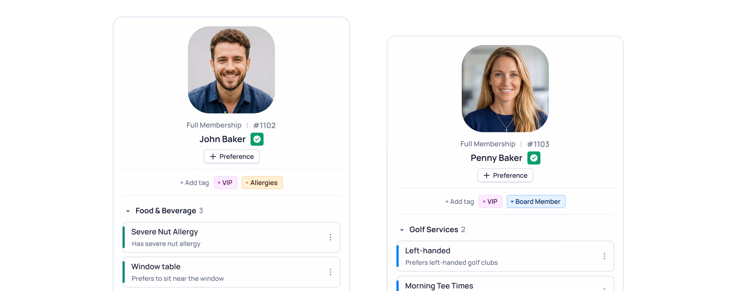 Two professional profile cards for John Baker and Derrick Baker showing their skills in Food & Beverage and Golf Services