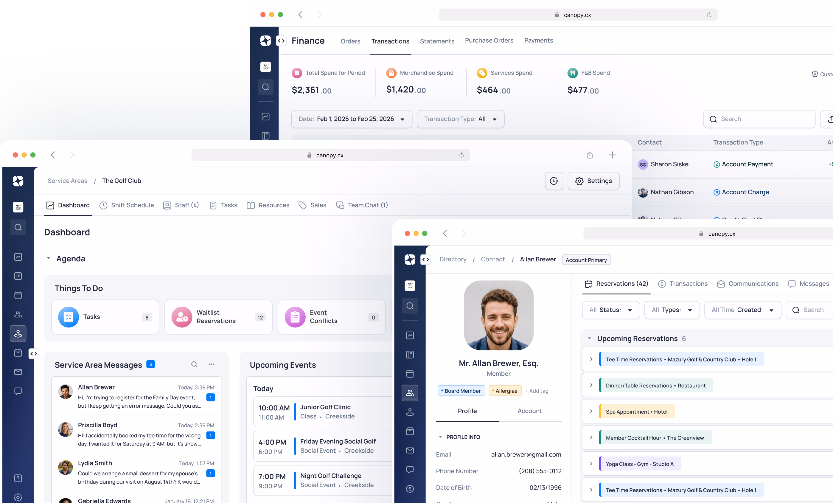 Multiple overlapping screenshots of Canopy's dashboard showing financial data, team members, and upcoming events