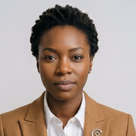 Professional headshot of a woman in a tan blazer and white shirt against a gray background
