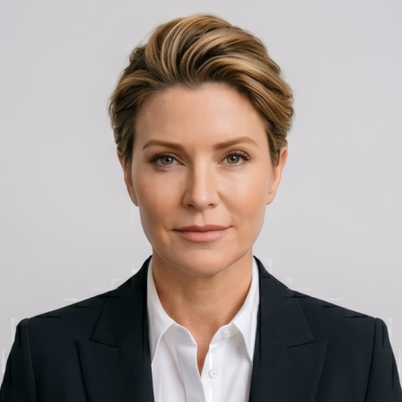 Professional headshot of a woman in a black blazer and white shirt against a neutral background