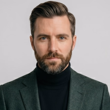 Professional headshot of a bearded man wearing a dark turtleneck and green blazer against a gray background