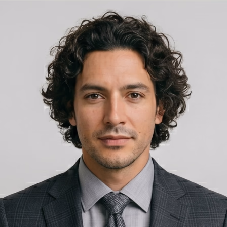 Professional headshot of a man with dark curly hair wearing a gray suit and tie against a light background