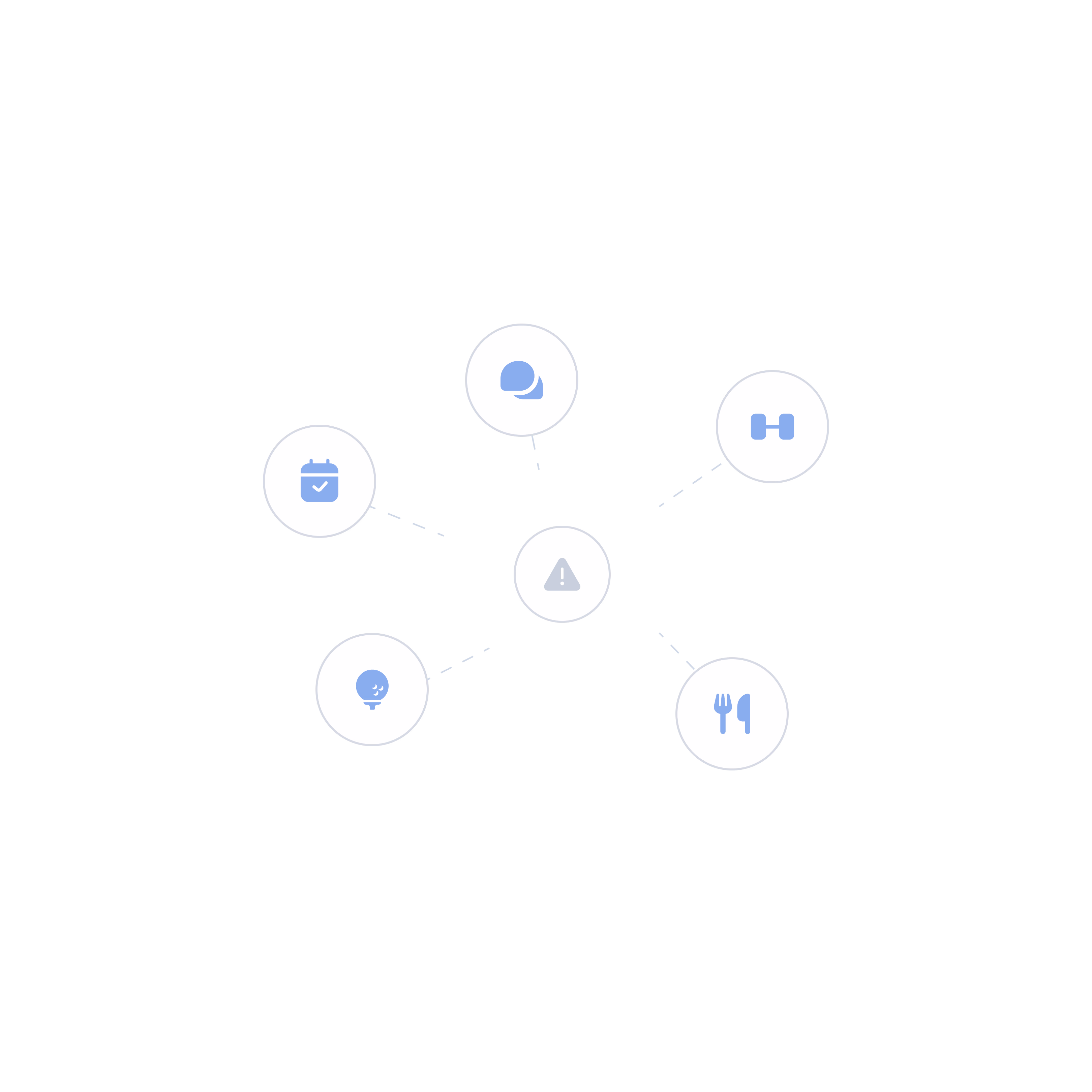 Network diagram with six connected icons representing calendar, chat, settings, alert, user profile, and audio controls in blue circles