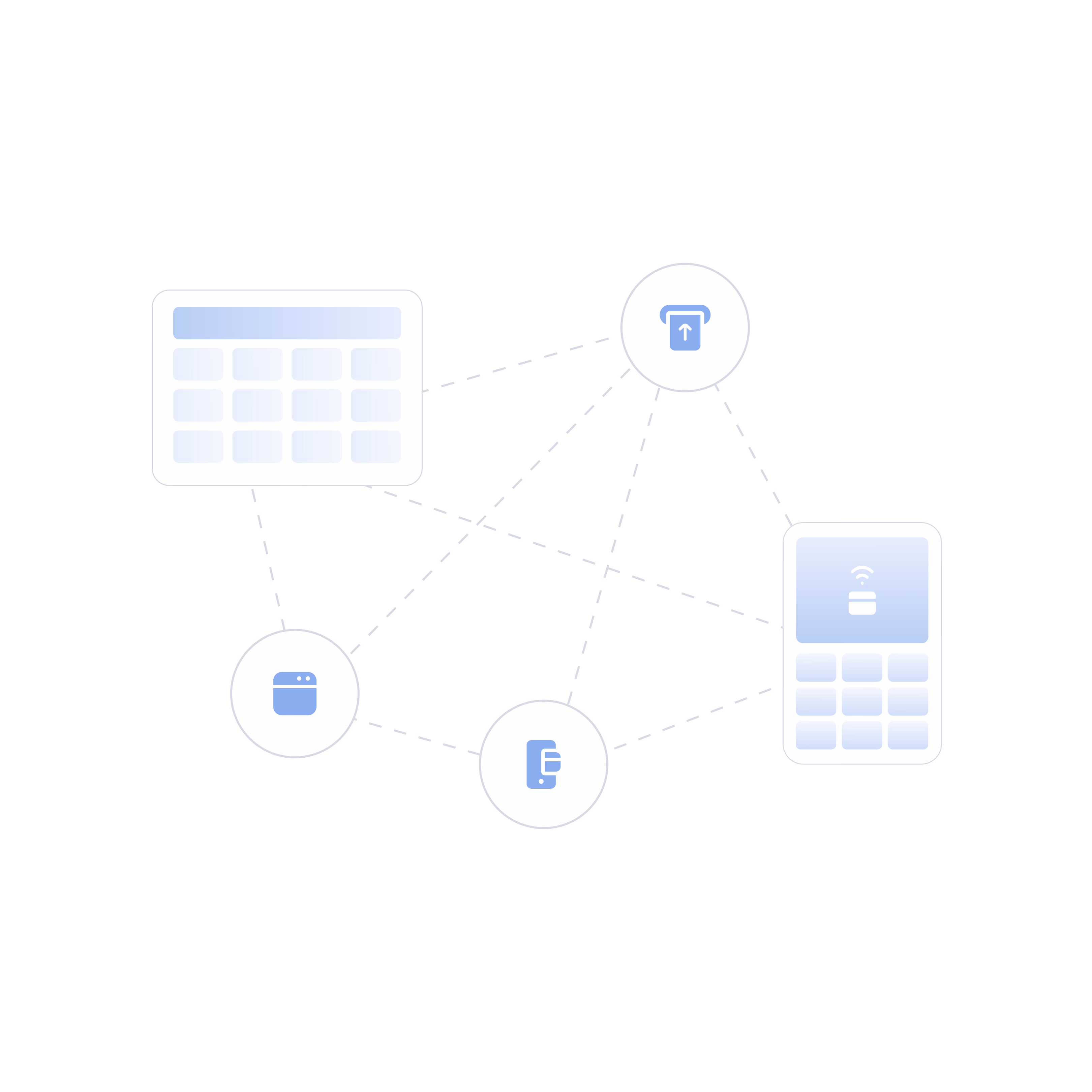 Network diagram showing interconnected calendar and messaging icons connected by dotted lines