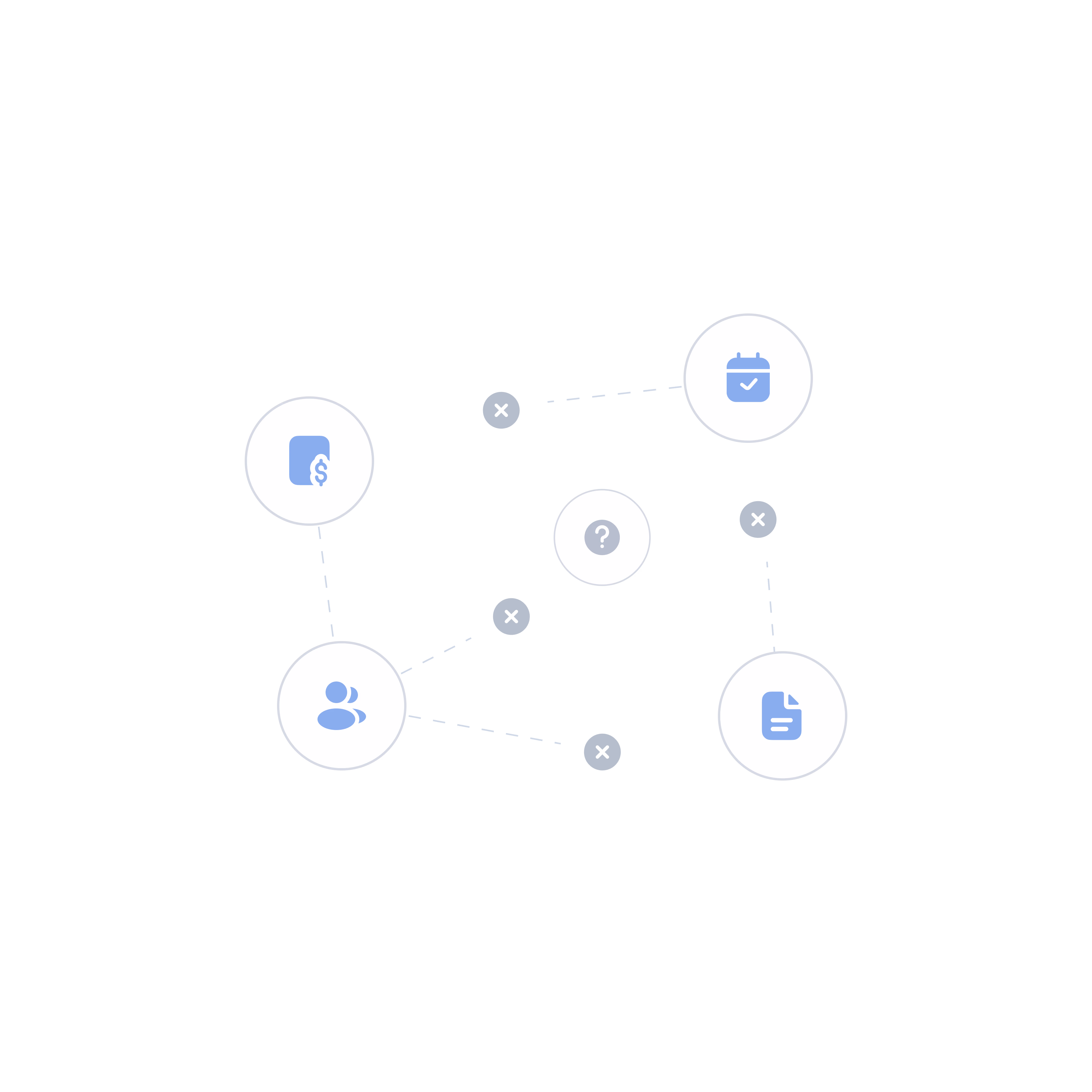 Network diagram showing interconnected icons for users, documents, feedback, and messaging with X icons marking connection points