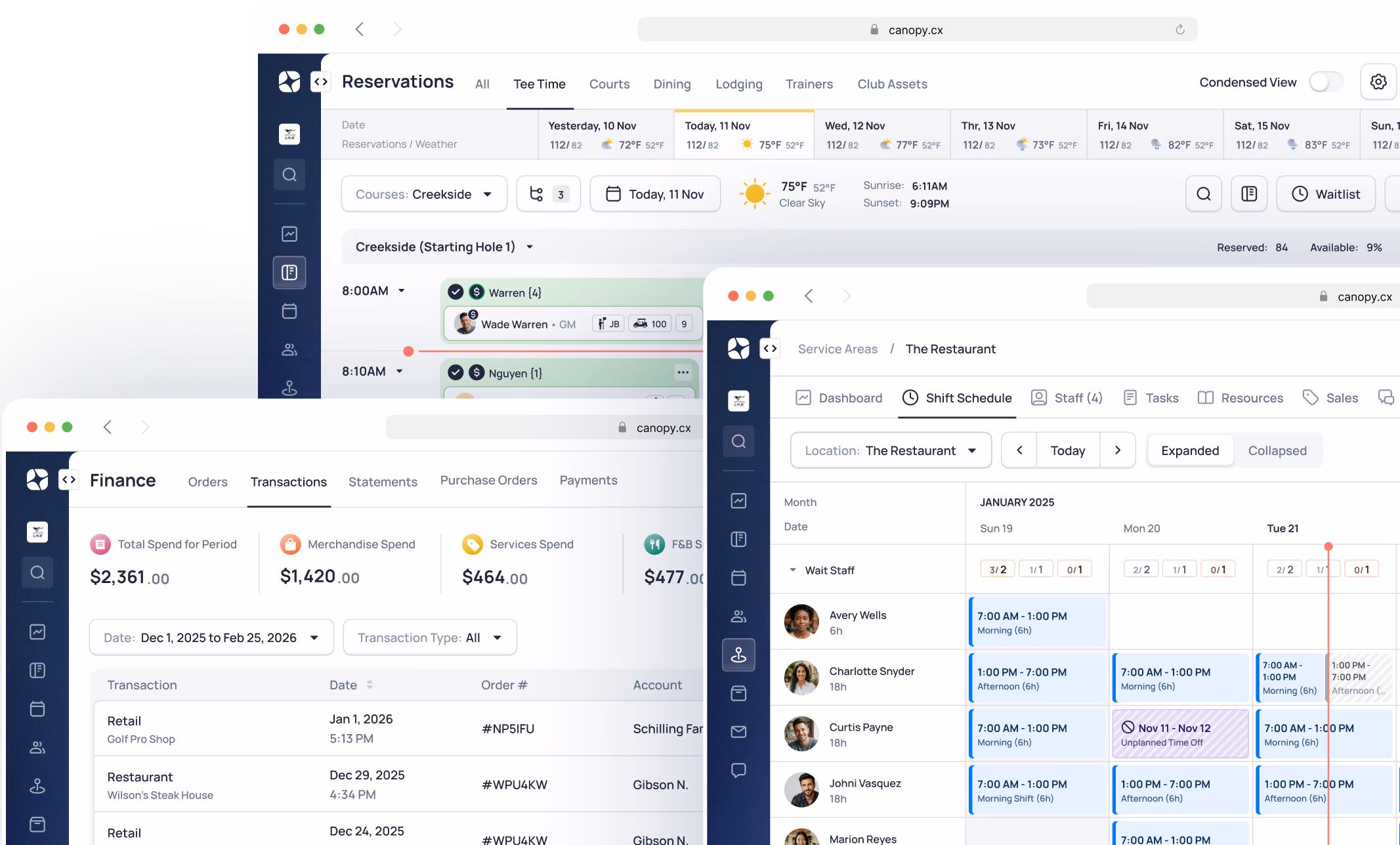 Restaurant reservation booking interface showing calendar, time slots, and guest list for January 2025