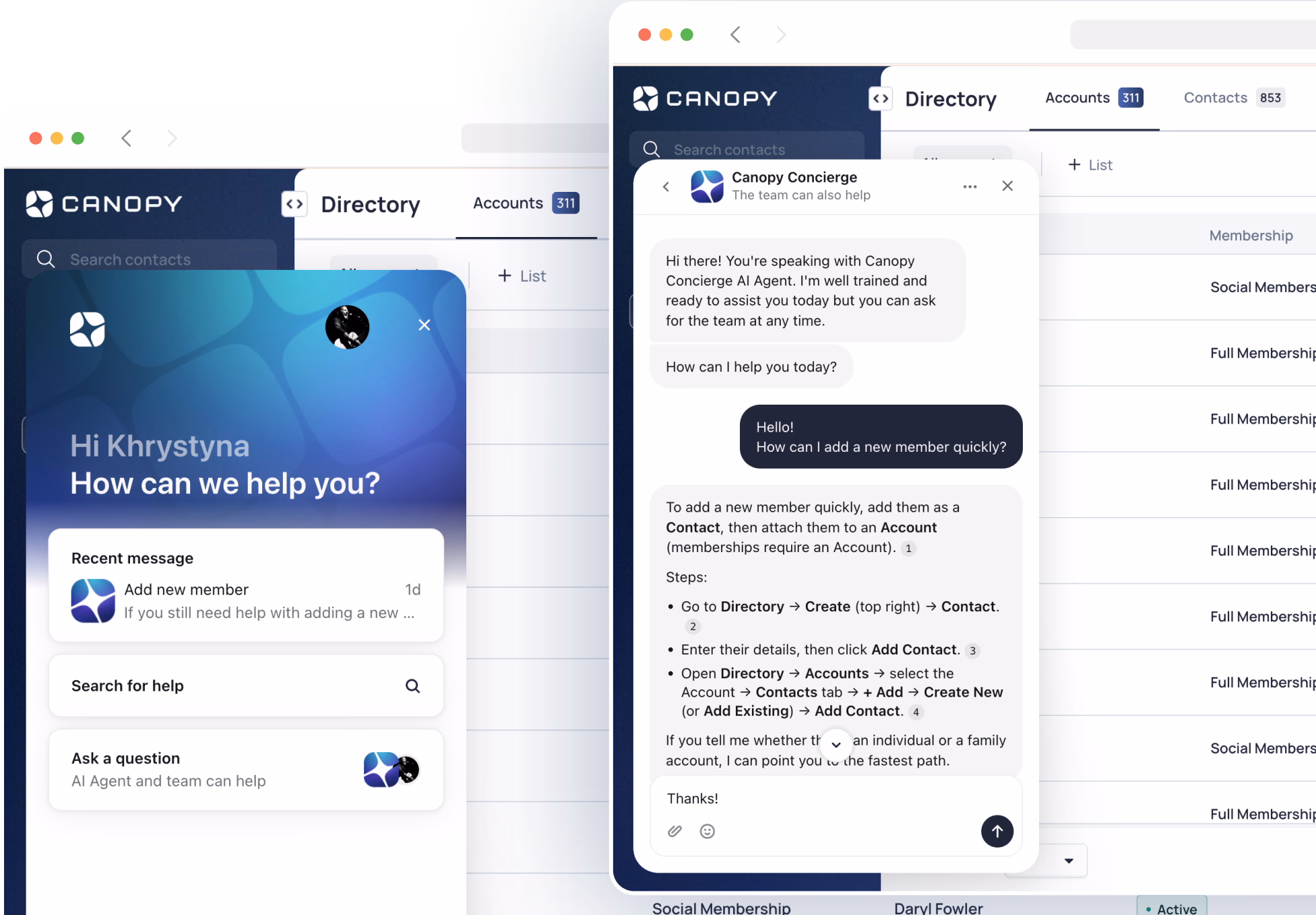 Canopy member directory interface showing chat support with membership options and navigation menu