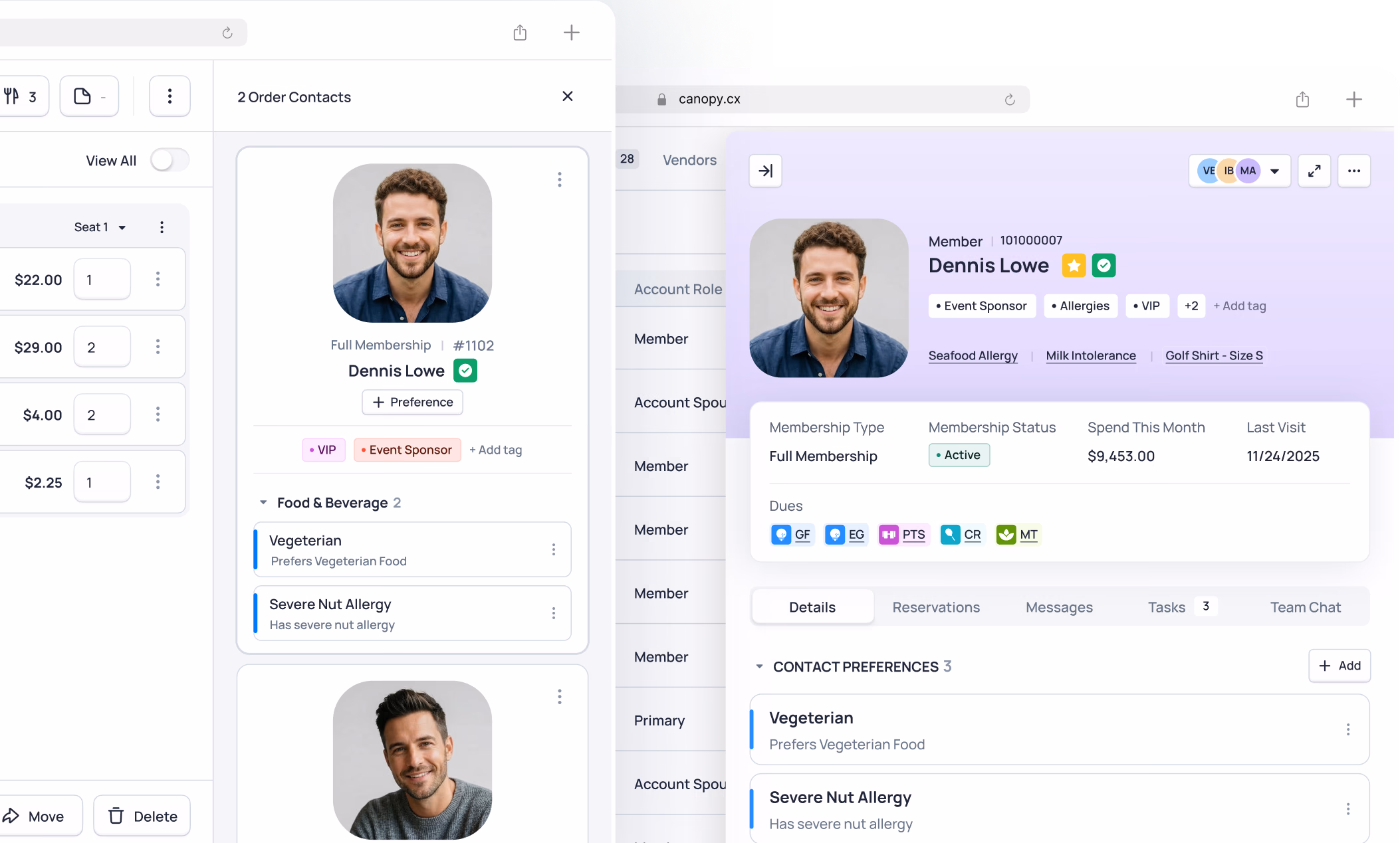 Contact management interface showing member profiles with account details, preferences, and dietary information for vegetarian members