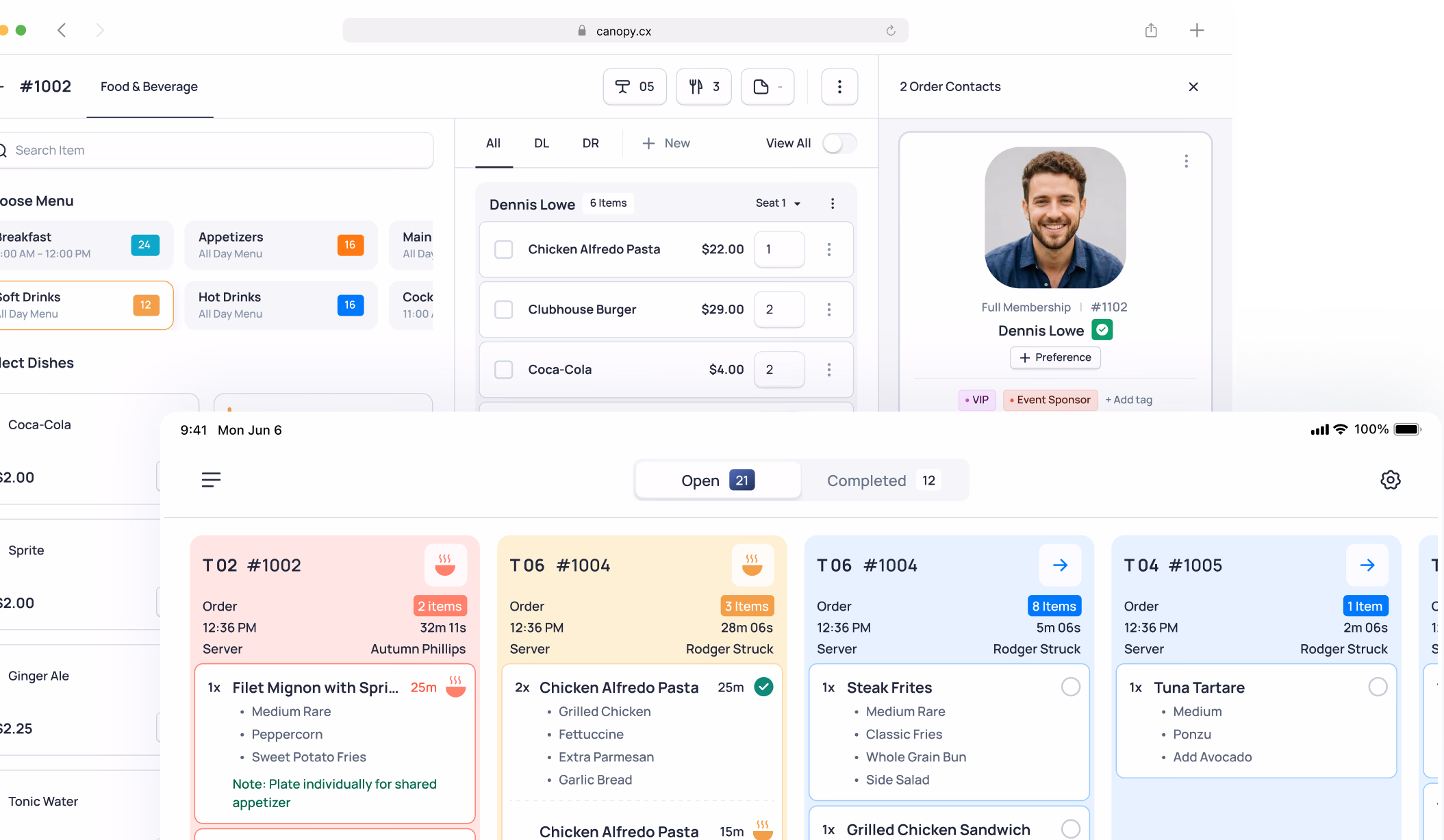 Food delivery app interface showing menu items, orders, and customer contact details for Dennis Lowe