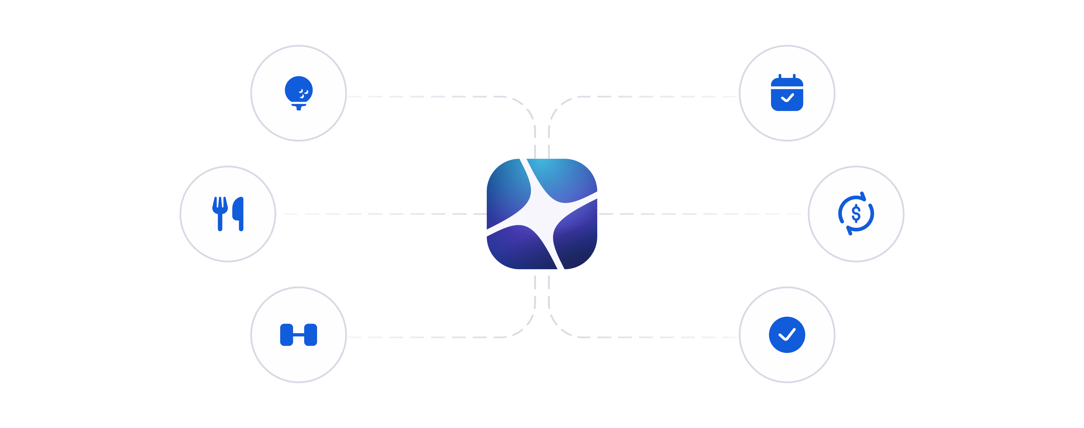 Central blue logo surrounded by six circular icons representing different features or services