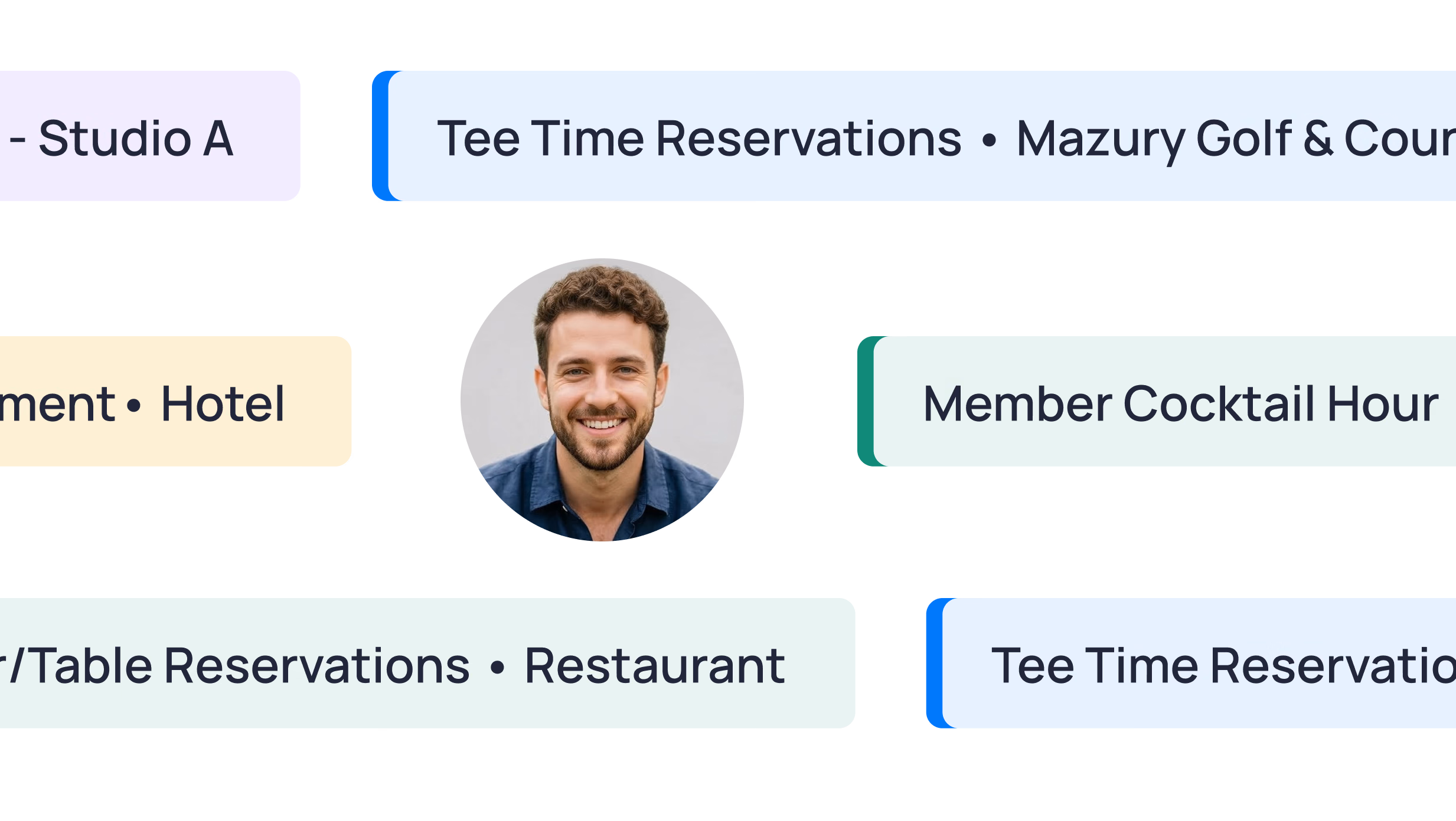 Profile card showing a man with options for tee time reservations, member cocktail hour, and restaurant table reservations