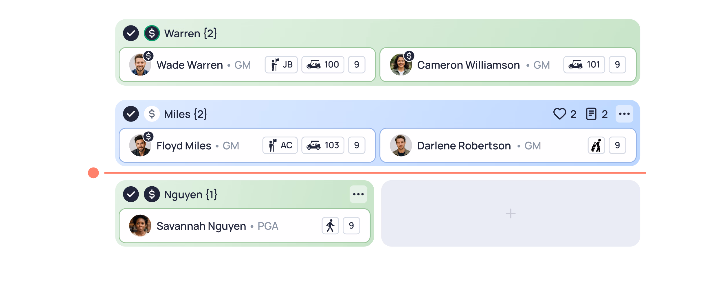 Chat interface showing message threads from Warren, Miles, and Nguyen with user avatars and interaction counts