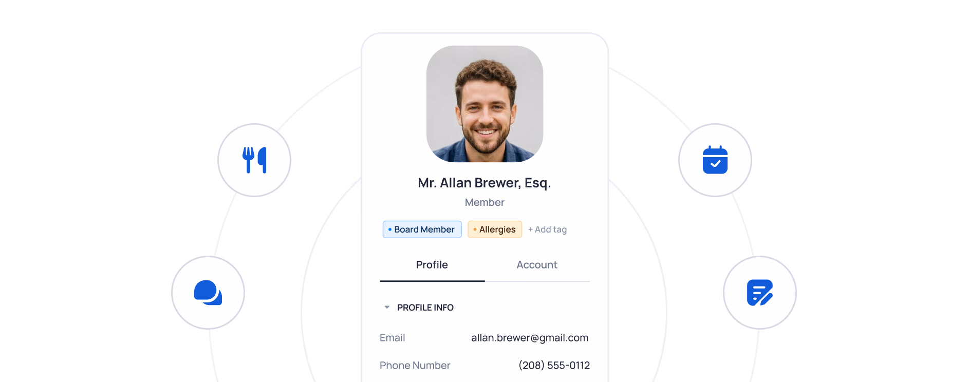 User profile for Allan Brewer, Esq showing contact info and board member status with profile navigation tabs